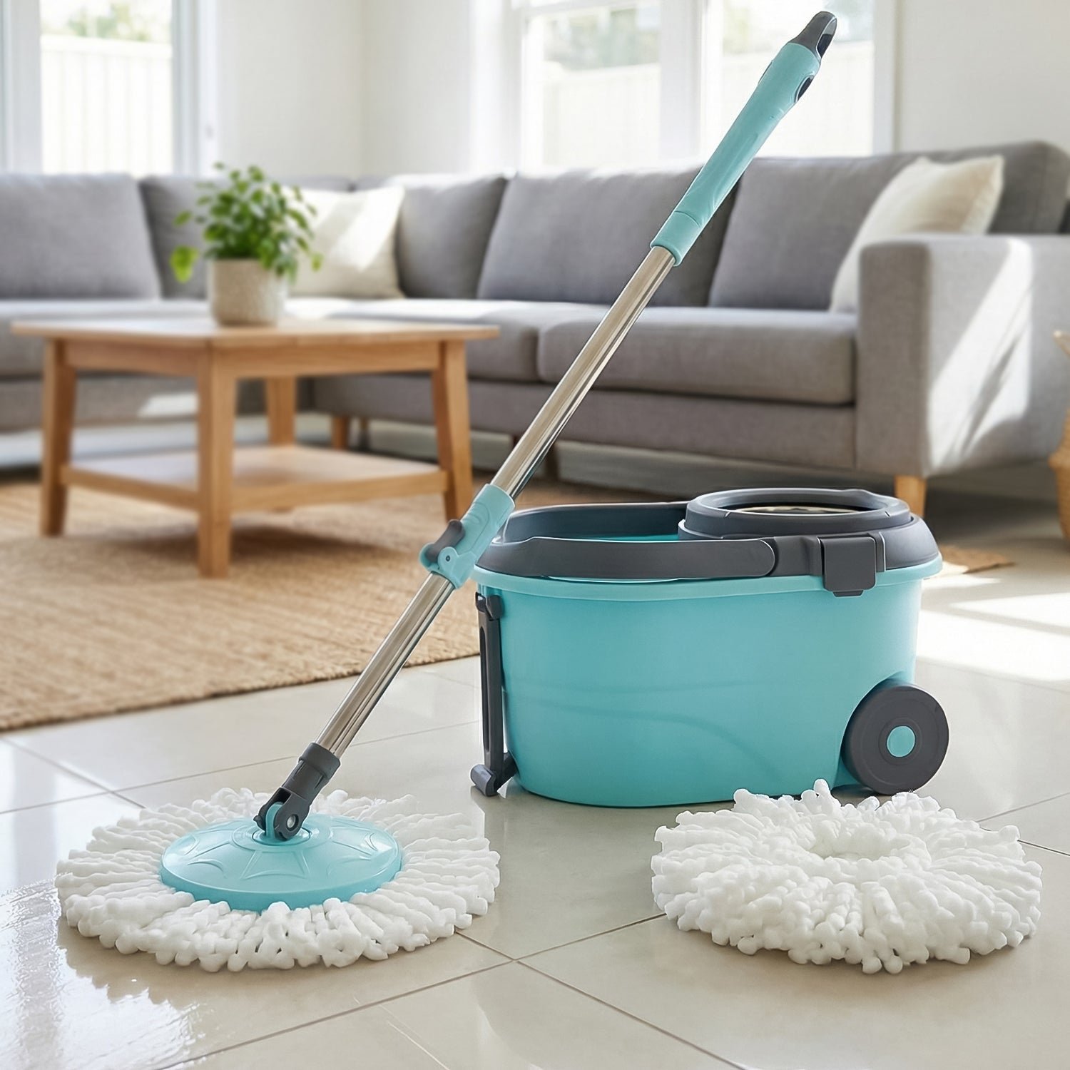 Mop-cleaner-01.jpg Steel Jari Bucket Mop Set with Microfiber Spin Mop (1 Set) - Image 1