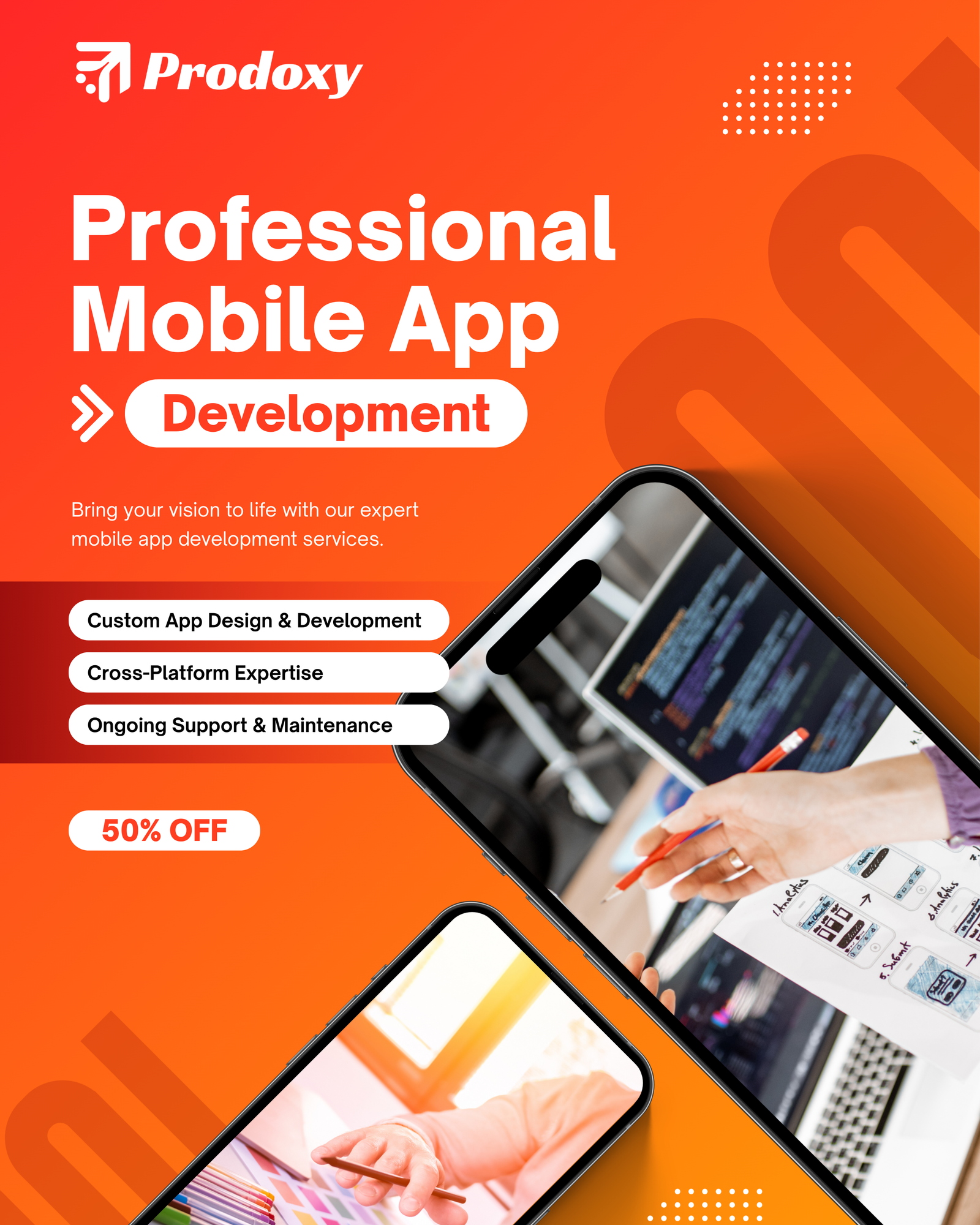 Orange and White Modern Mobile App Development Instagram Post